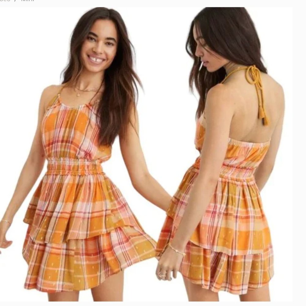 NWOT Aerie Plaid Ruffle Mini Dress Yellow Multi